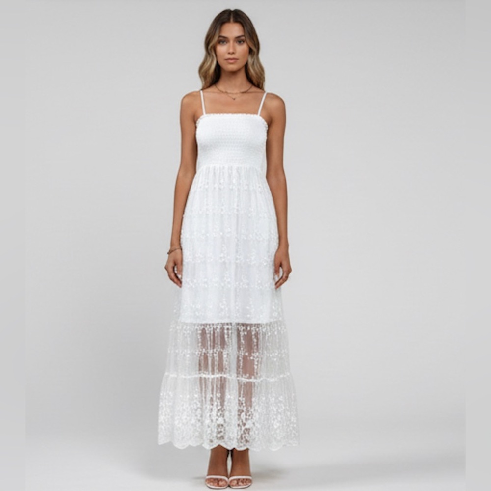 Embroidered Mesh Shirred Maxi Dress White